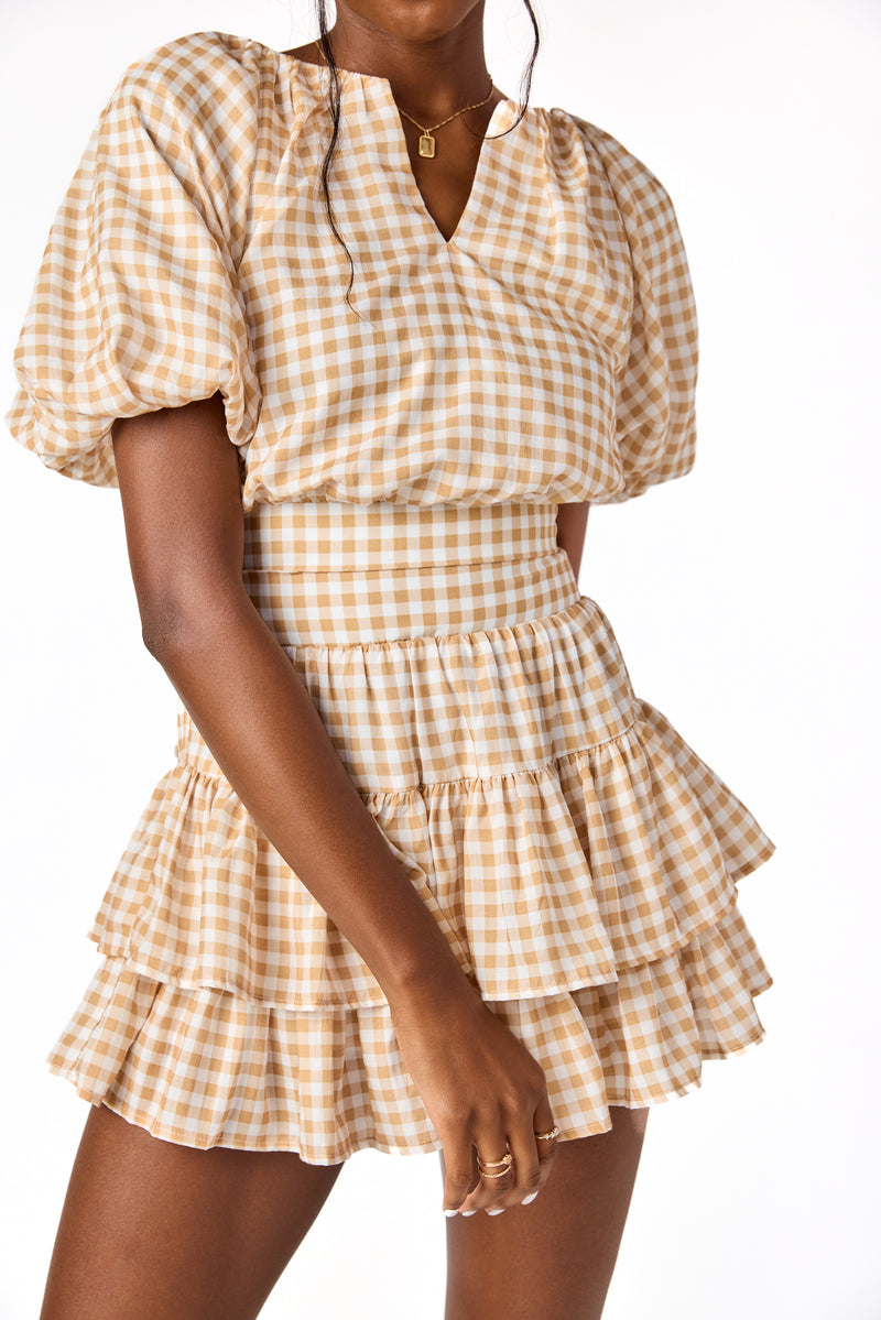 Ella Raglan Top Tan Gingham