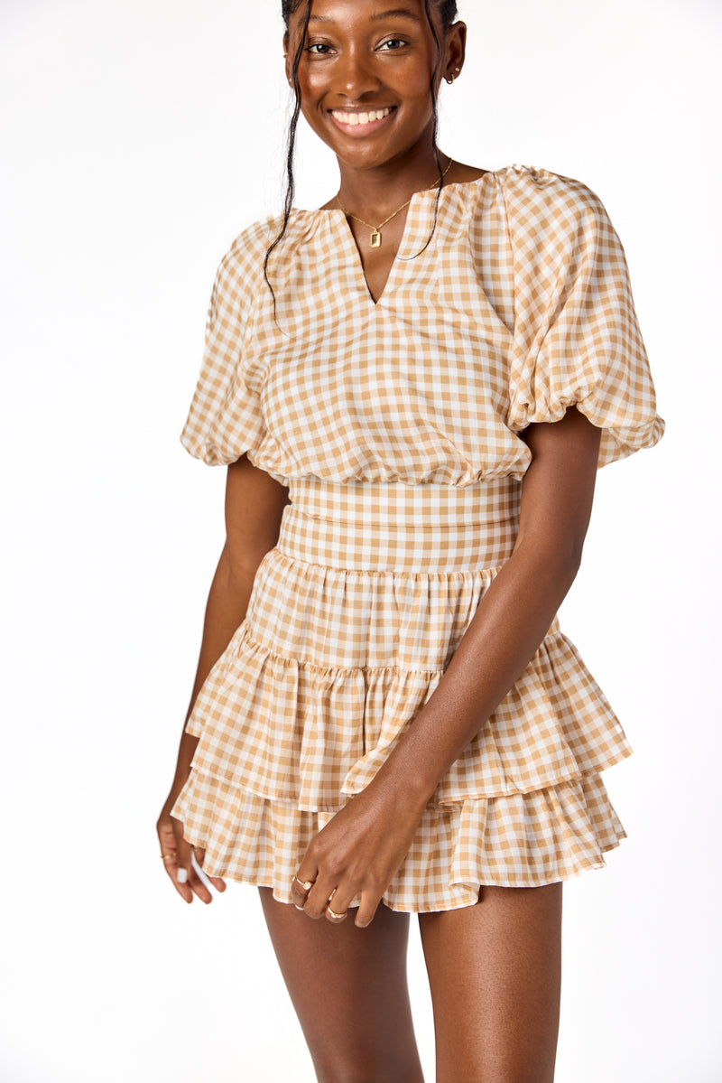 Ella Raglan Top Tan Gingham