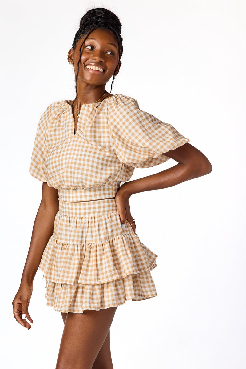 Ella Raglan Top Tan Gingham