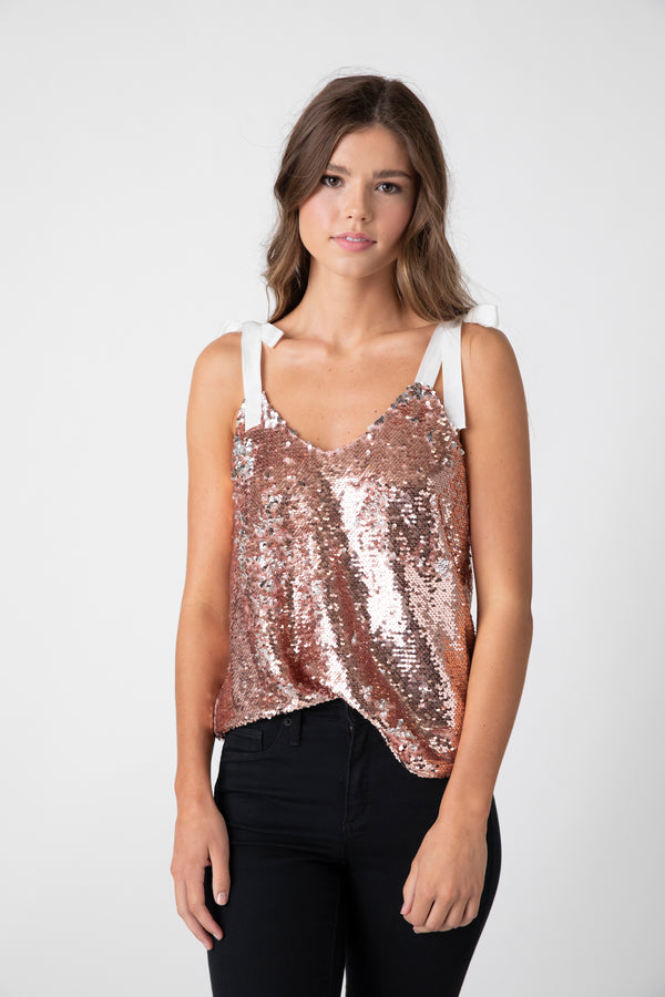 Valley V-Neck Cami Rose Gold Sequin Media 1 of 8